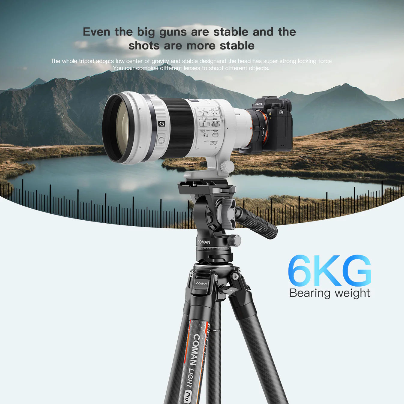 RefBall & Coman Light H Pro Carbon Fiber Tripod with 1-Second Lock/Unlock & Detachable Monopod