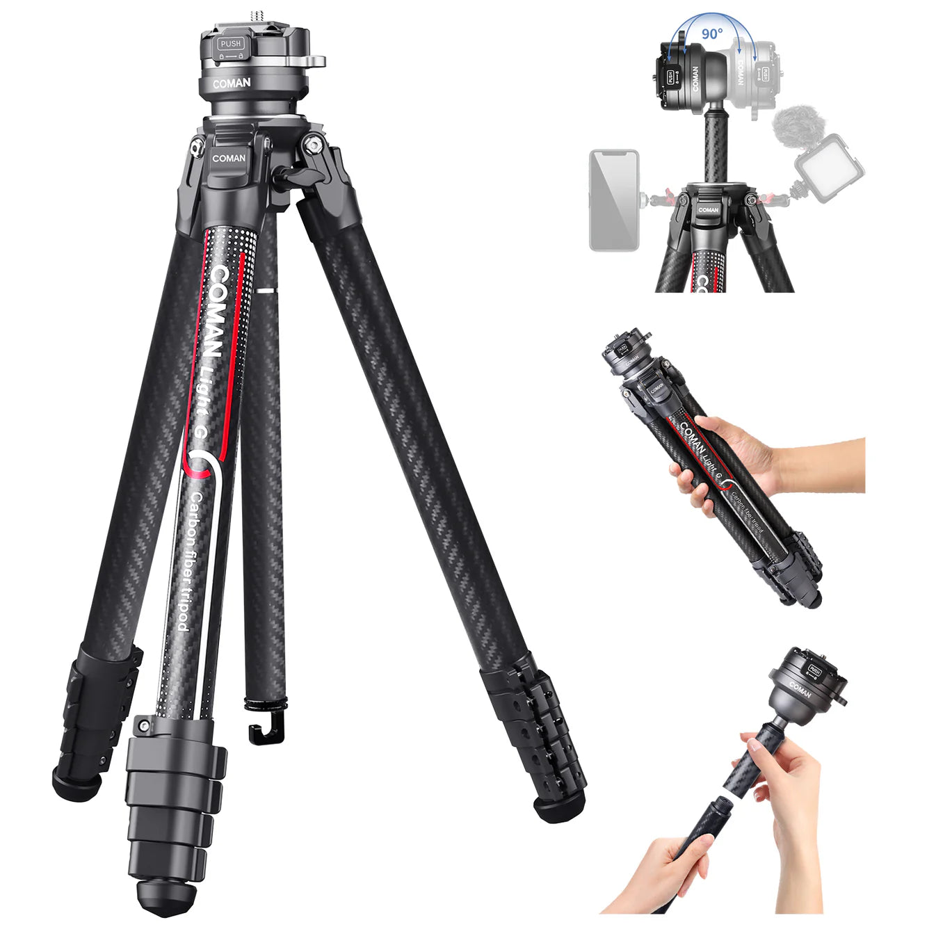 RefBall & Coman Light G Portable Compact Carbon Fiber Travel Lightweight Camera Tripod