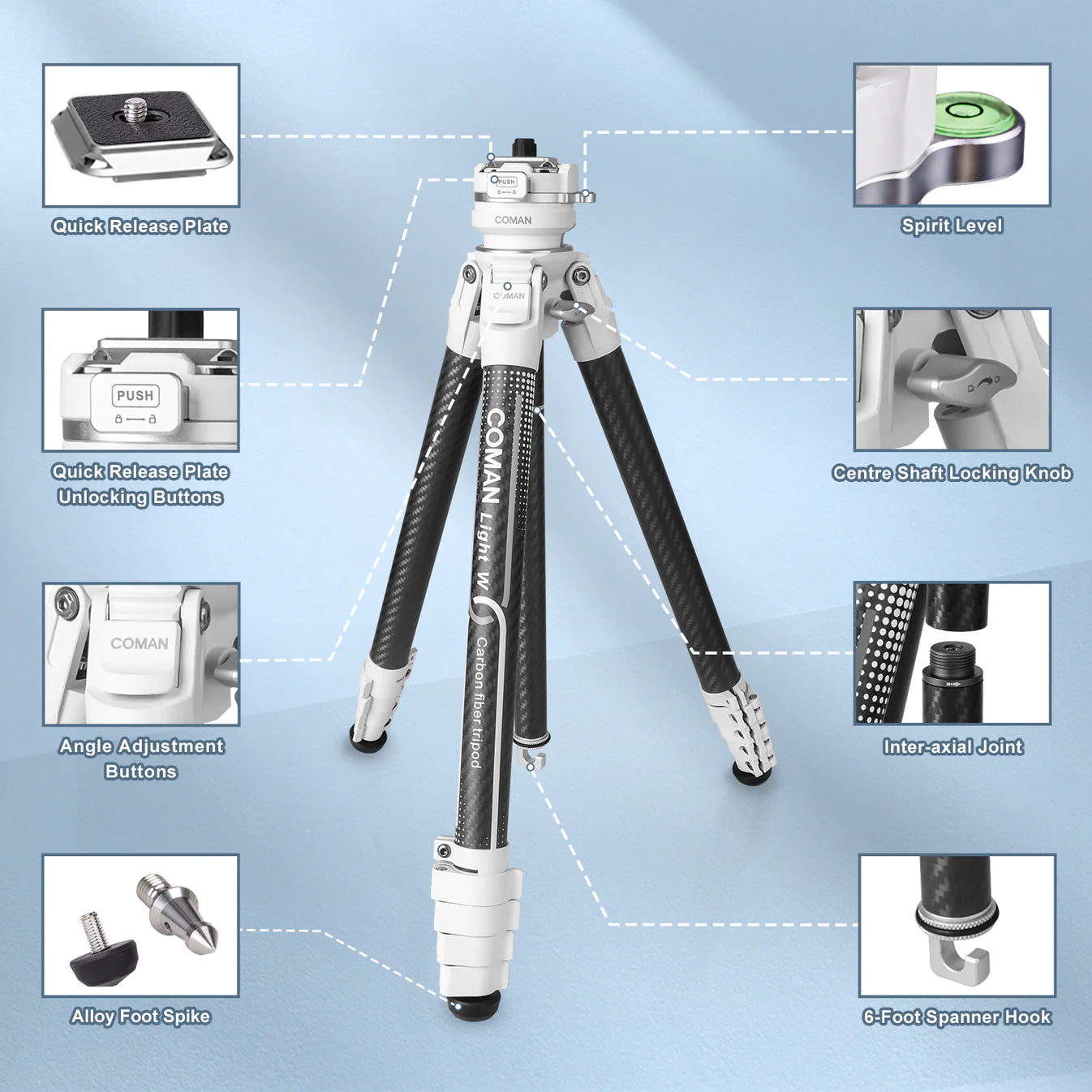 RefBall & Coman Light W White Portable Carbon Fiber DSLR Tripod With 360° Ball Head