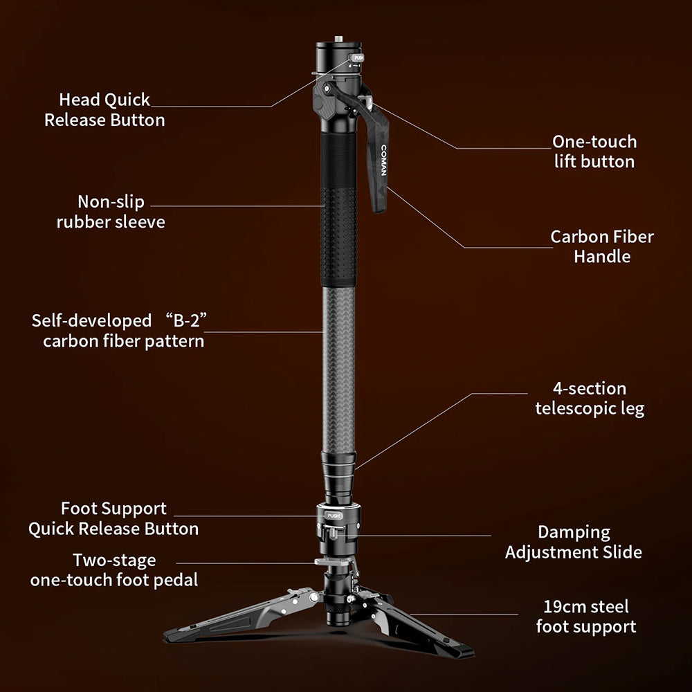 RefBall & COMAN M1 Pro Carbon Fiber Monopod 1645mm Quick Release Foot Lock 20kg Load