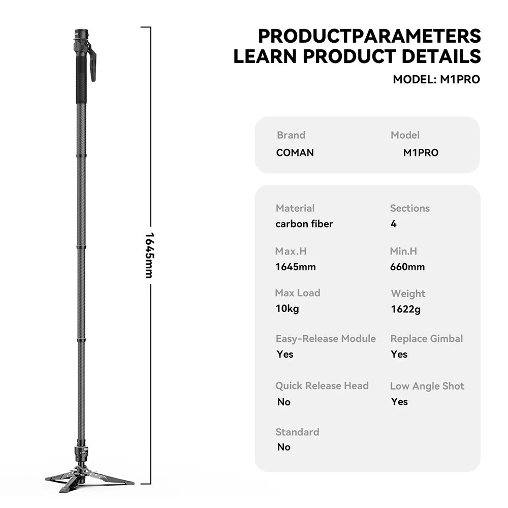 RefBall & COMAN M1 Pro Carbon Fiber Monopod 1645mm Quick Release Foot Lock 20kg Load