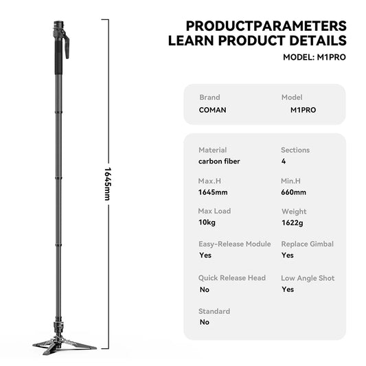 RefBall & COMAN M1 Pro Carbon Fiber Monopod 1645mm Quick Release Foot Lock 20kg Load