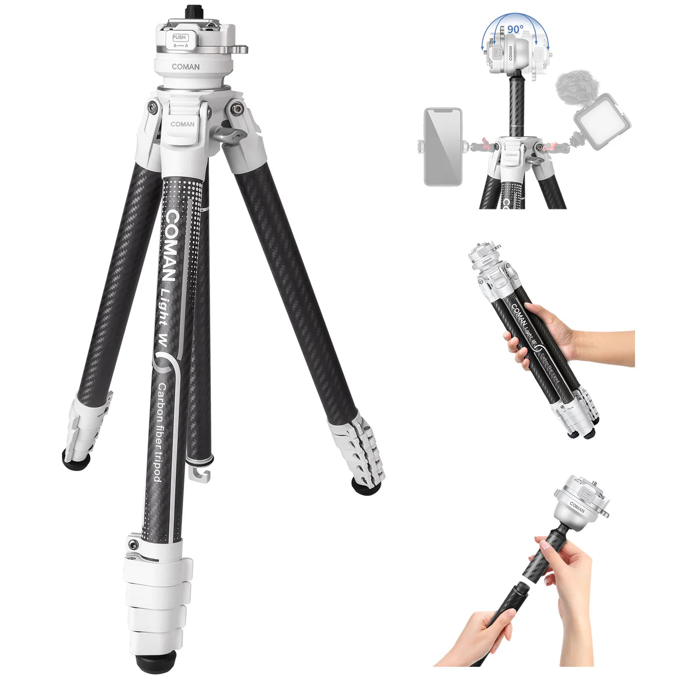 RefBall & Coman Light W White Portable Carbon Fiber DSLR Tripod With 360° Ball Head