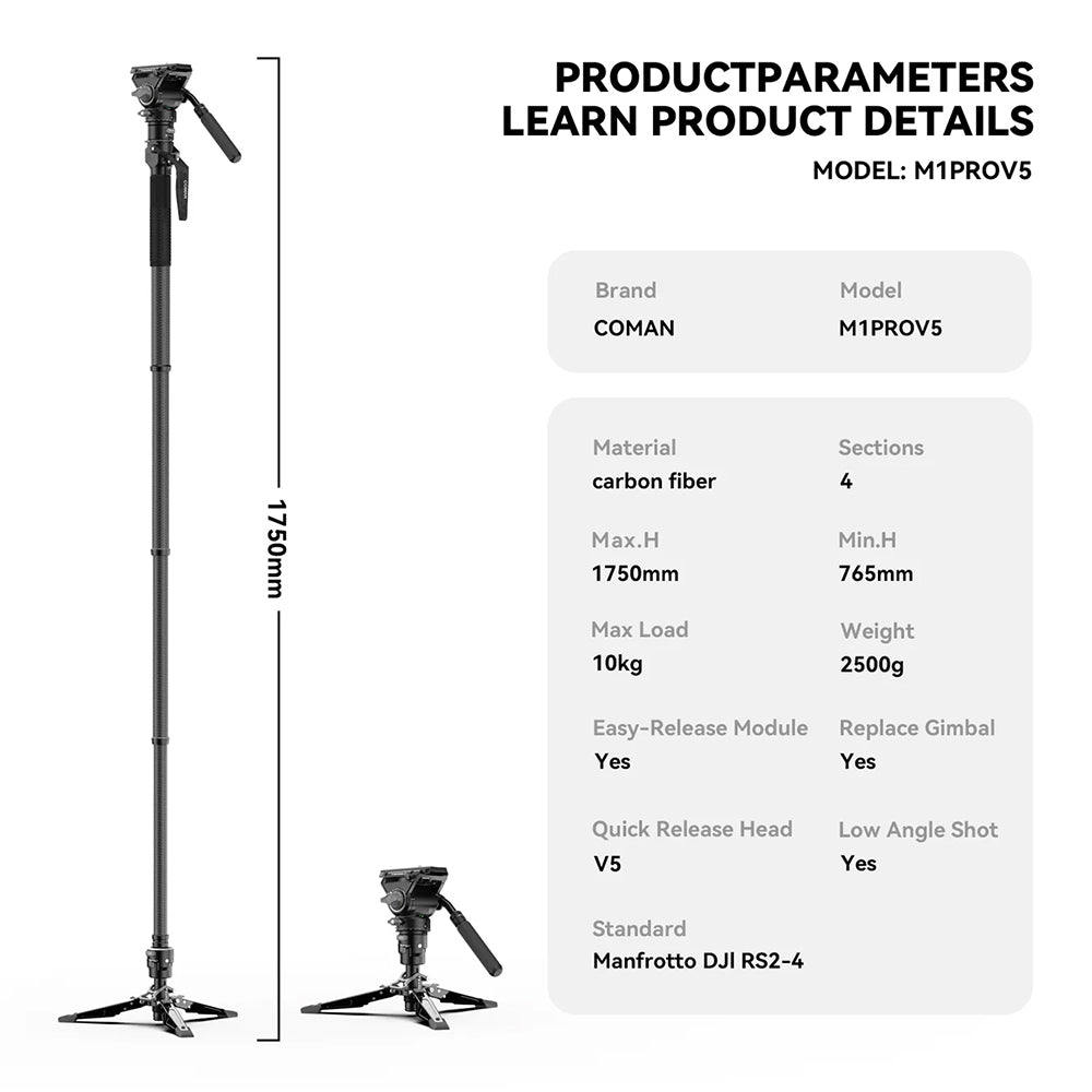 RefBall & COMAN M1 Pro V5 Camera Monopod with Fluid Head, One-Click Quick Release, and 1750mm Max Height