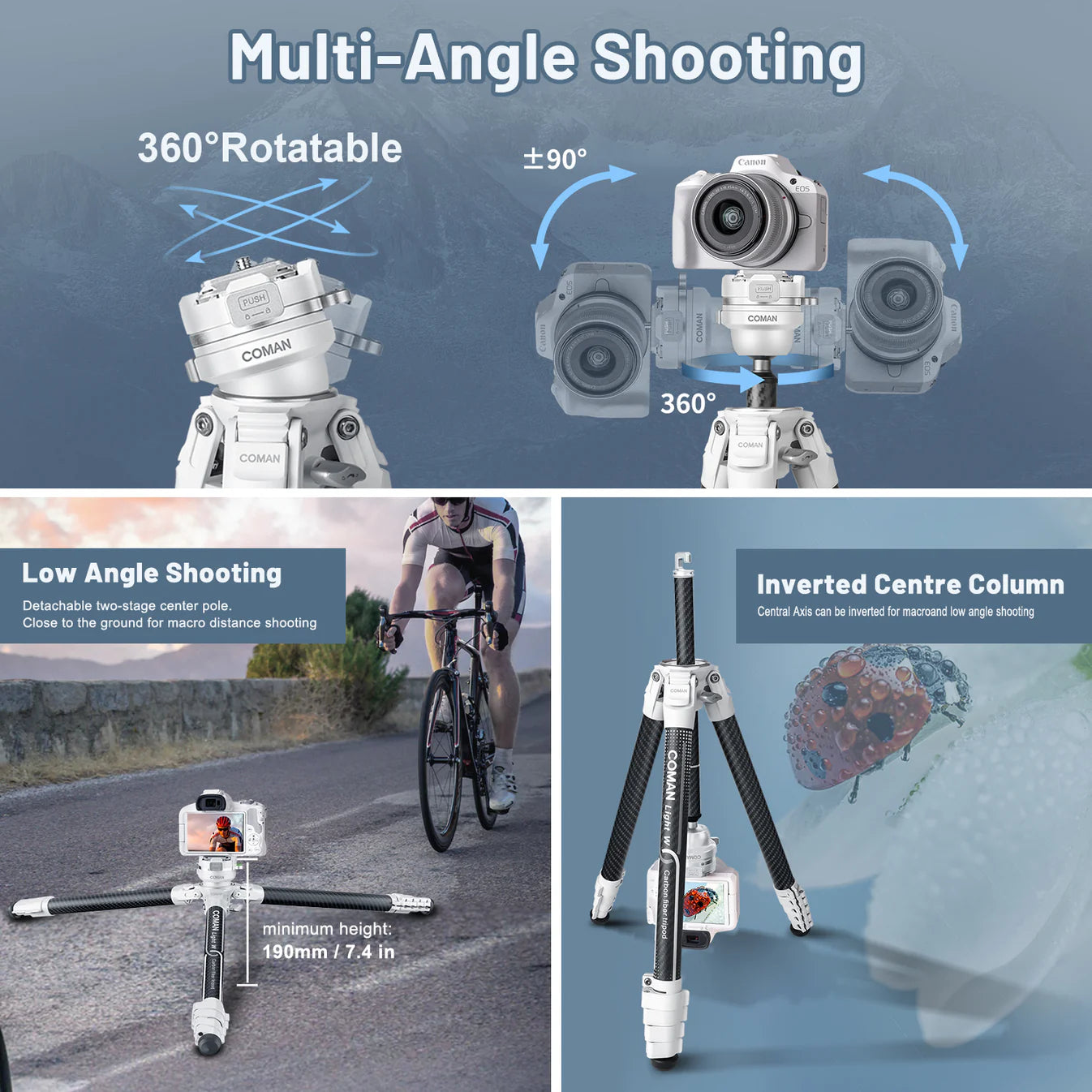 RefBall & Coman Light W White Portable Carbon Fiber DSLR Tripod With 360° Ball Head