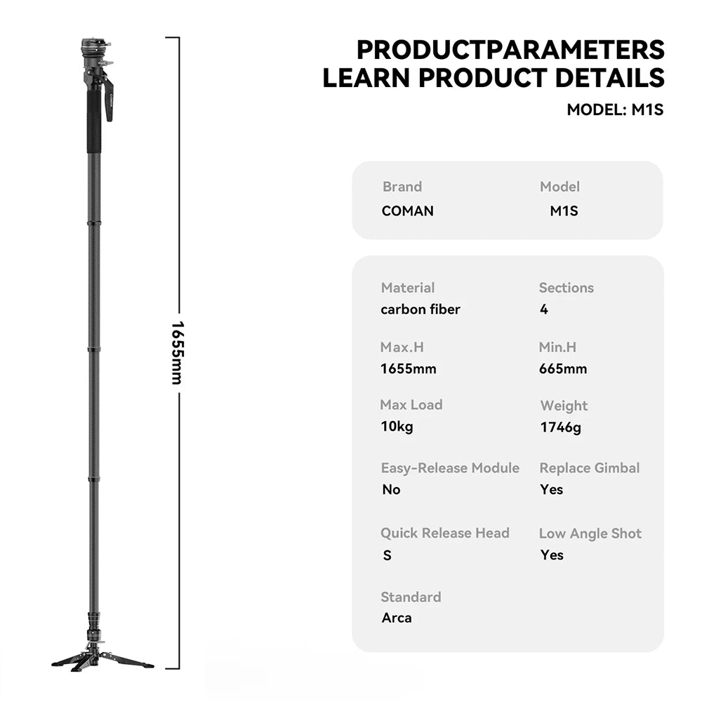 RefBall & COMAN M1S Compact Carbon Fiber Monopod with Arca Quick Release-(Non-Removable Foot Brace)
